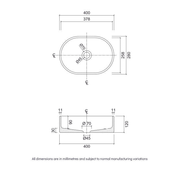 Eight Quarters Terrazzo Mini Pod Above Counter Basin Technical Drawing - Online at The Blue Space