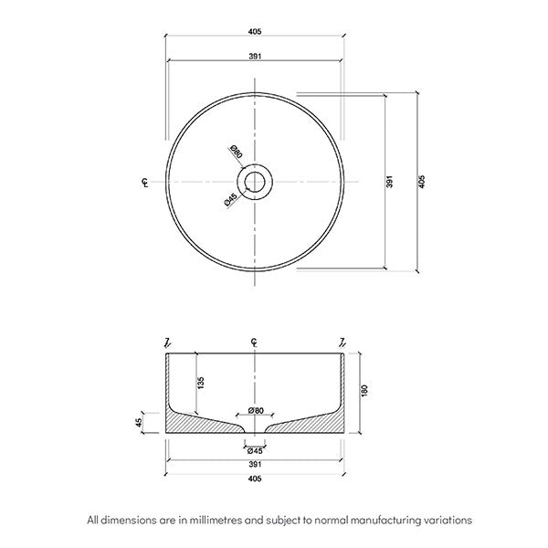 Eight Quarters Willow Circle Matte White Basin Technical Drawing  - The Blue Space