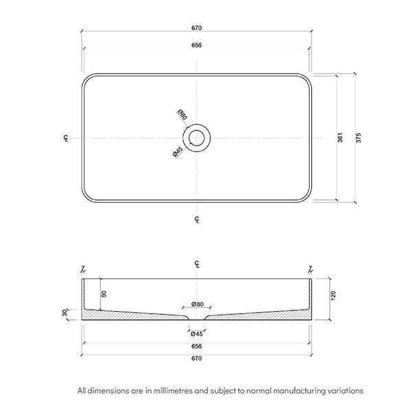 Eight Quarters Willow Large Rectangle Matte White Basin Technical Drawing  - The Blue Space