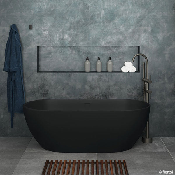 Fienza Luciana Matte Black Stone Freestanding Bath Lifestyle Image - The Blue Space
