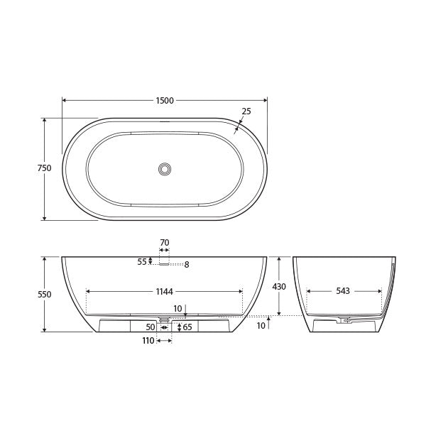 Fienza Luciana Matte Black Stone Freestanding Bath 1500mm Technical Drawing - The Blue Space