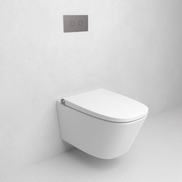 Gallaria Omni Comfort Wall Hung Smart Toilet With Caroma Invisi II In-Wall and flush plate in Brushed Nickel - The Blue Space