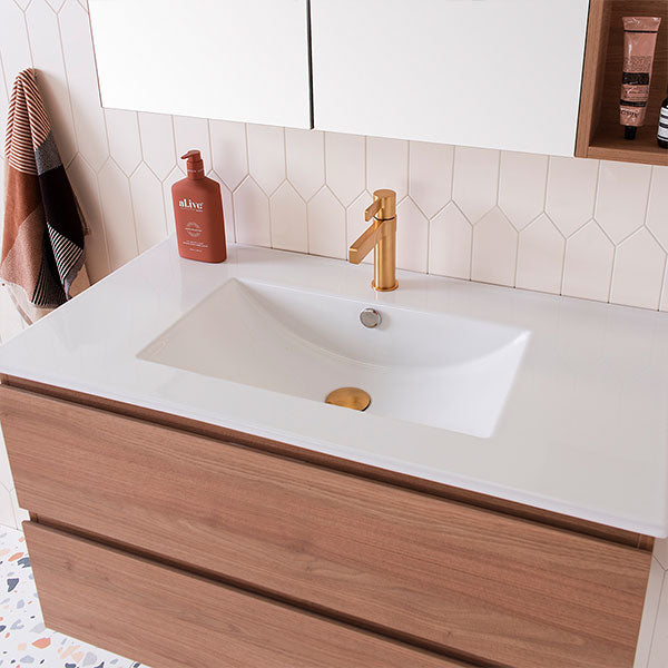 ADP Glacier All Drawer Twin 900mm Centre Bowl vanity with Ceramic top in Tasmanian Oak Woodmatt top - The Blue Space