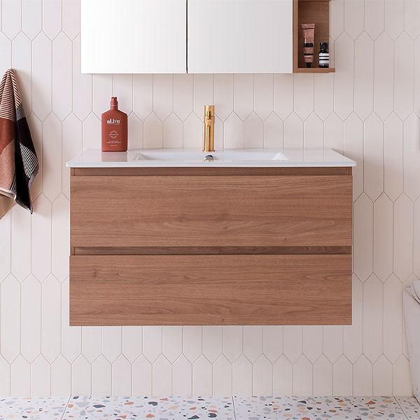 ADP Glacier All Drawer Twin 900mm Centre Bowl vanity with Ceramic top in Tasmanian Oak Woodmatt