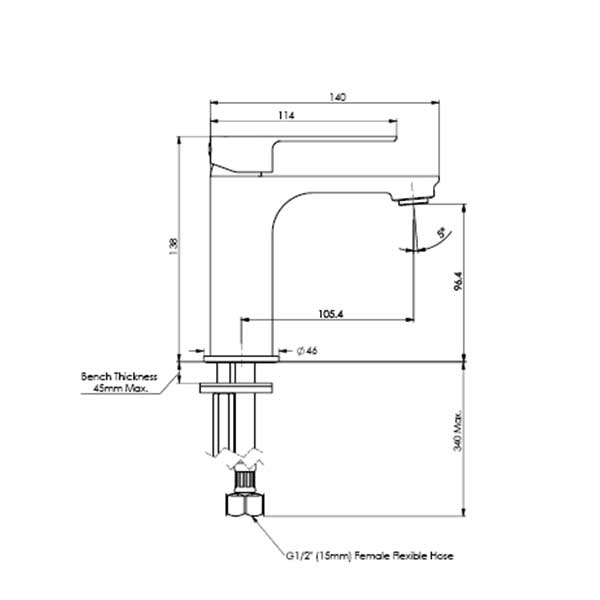Greens Tapware Astro II Basin Mixer Technical Drawing - The Blue Space