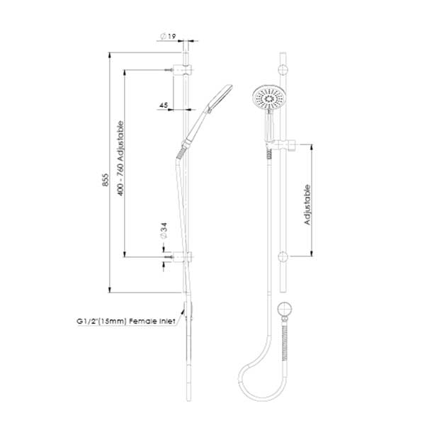 Greens Tapware Rocco Rail Shower Technical Drawing - The Blue Space
