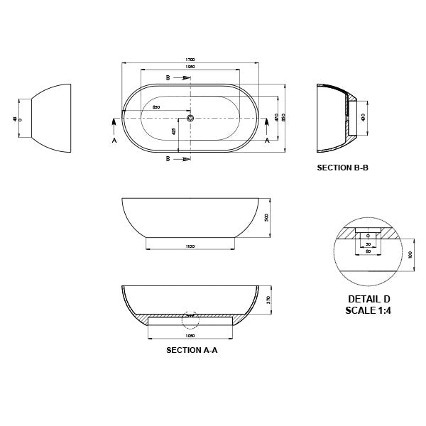 Kaskade Aveo Freestanding Bath Matte White Technical Drawing 1700mm- The Blue Space