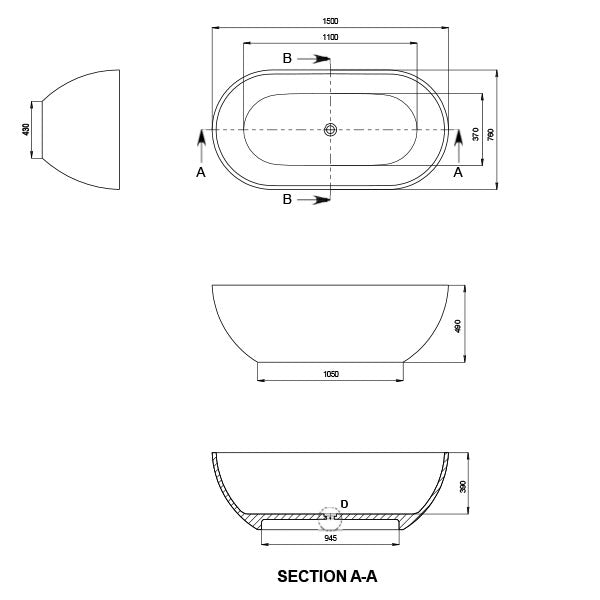 Kaskade Aveo Freestanding Bath Matte White Technical Drawing 1500mm- The Blue Space