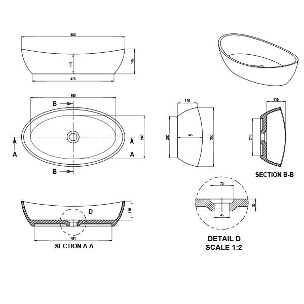 Kaskade Impro Stone Basin Matte White Technical Drawing 600mm- The Blue Space