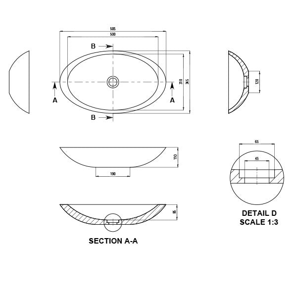 Kaskade Nice Stone Basin Matte White Technical Drawing 585mm- The Blue Space