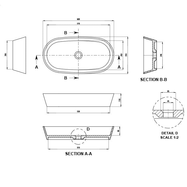 Kaskade Solaya Stone Basin Matte White Technical Drawing 600mm- The Blue Space