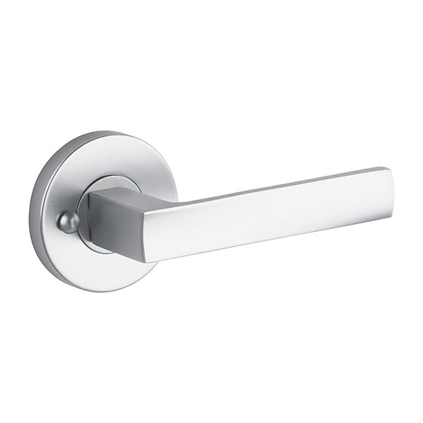 Lane Oxford Privacy Lever Door Handle Set On Round Rosette Brushed Satin Chrome