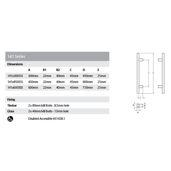 Lockwood Entrance Pull Handle 141 Technical Drawing - The Blue Space