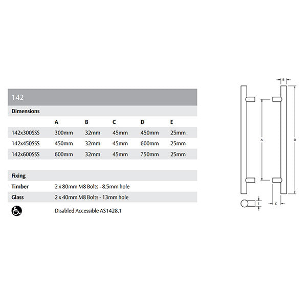 Lockwood Entrance Pull Handle 142 Satin Stainless Steel Technical Drawing- The Blue Space