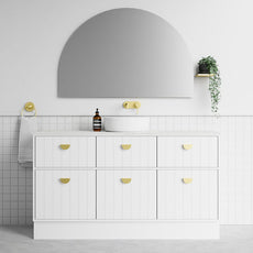 Marquis Anna Floor Standing Vanity 1500mm Centre Bowl in  Matte White Cabinet Finish, Symphony Blanco Benchtop, Brass Half Moon Handle, Paco Matte White Basin and 0 Taphole - The Blue Space