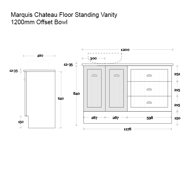 Marquis Chateau Floor Standing Vanity 1200mm Offset Bowl Technical Drawing - The Blue Space