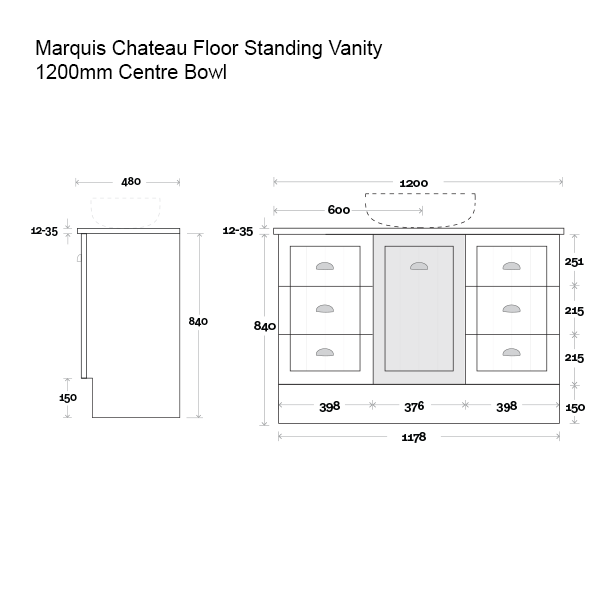 Marquis Chateau Floor Standing Vanity 1200mm Centre Bowl Technical Drawing - The Blue Space