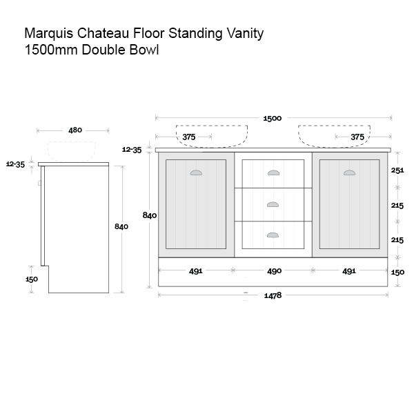Marquis Chateau Floor Standing Vanity 1500mm Double Bowl Technical Drawing - The Blue Space