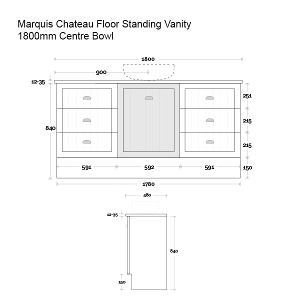 Marquis Chateau Floor Standing Vanity 1800mm Centre Bowl Technical Drawing - The Blue Space