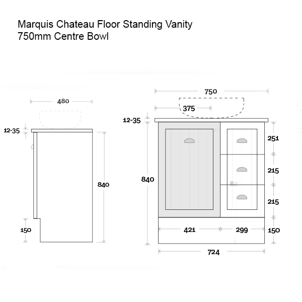 Marquis Chateau Floor Standing Vanity 750mm Technical Drawing - The Blue Space