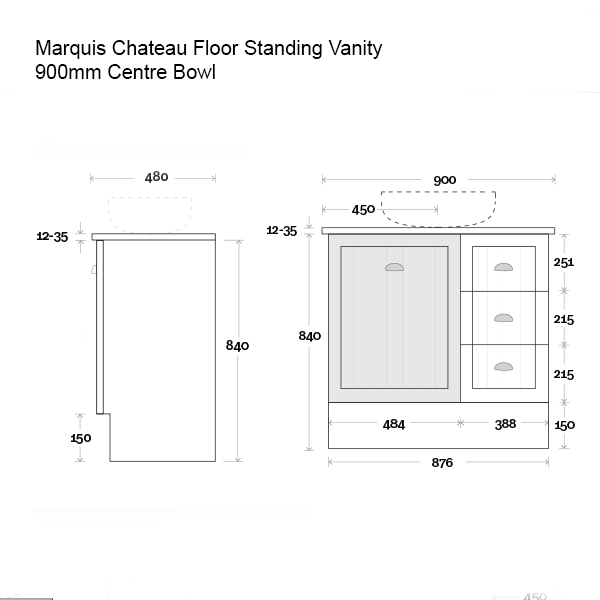 Marquis Chateau Floor Standing Vanity 900mm Technical Drawing - The Blue Space