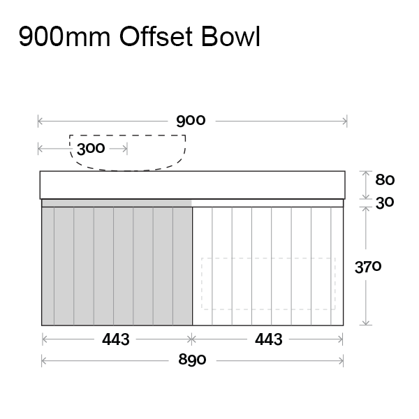 Marquis Chelsea Wall Hung Vanity 900mm Offset Bowl Technical Drawing - The Blue Space