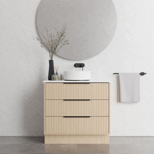 Marquis Lake Floor Standing Vanity 900mm with Symphony Blanco top with matte white basin, and matte black top-pull handle, features matte black basin mixers, towel handle and round mirror in modern bathroom design - The Blue Space