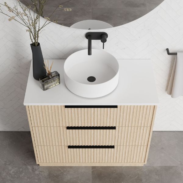Marquis Lake Floor Standing Vanity 900mm with Symphony Blanco top with matte white basin, and matte black top-pull handle, features matte black basin mixers in modern bathroom design - The Blue Space