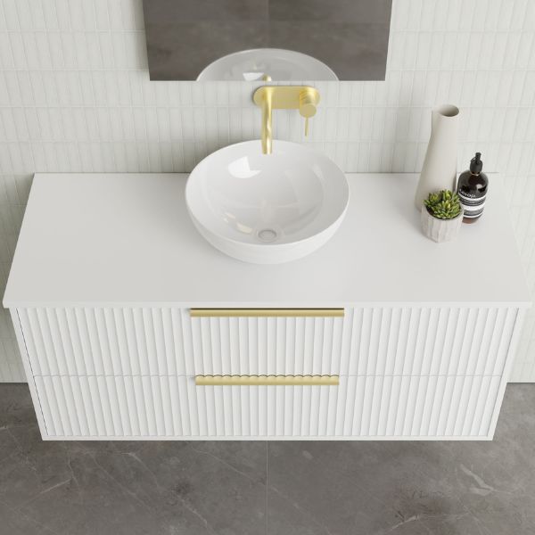 Marquis Lake Wall Hung Vanity 1200mm in Symphony Blanco top, White finish, gloss white basin, brushed brass basin mixer and top-pulled handle in modern bathroom design - The Blue Space