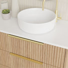 Marquis Lake Floor Standing Vanity 1500mm in Prime oak finish and Symphony Blanco top, Paco matte white basin, Brushed brass basin mixer and top-pulled handle in modern bathroom design - The Blue Space