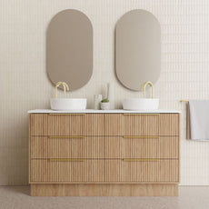Marquis Lake Floor Standing Vanity 1500mm in Prime oak finish and Symphony Blanco top, Paco matte white basin , Brushed brass basin mixer and top-pulled handle features Capsule Mirror in modern bathroom design - The Blue Space