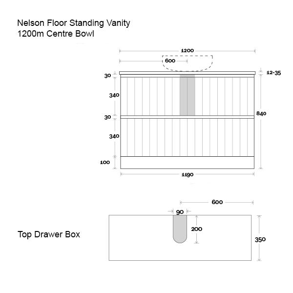 Marquis Nelson Floor Standing Vanity 1200mm Centre Bowl Technical Drawing - The Blue Space