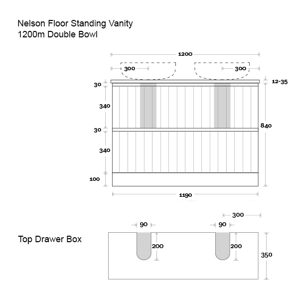Marquis Nelson Floor Standing Vanity 1200mm Double Bowl Technical Drawing - The Blue Space