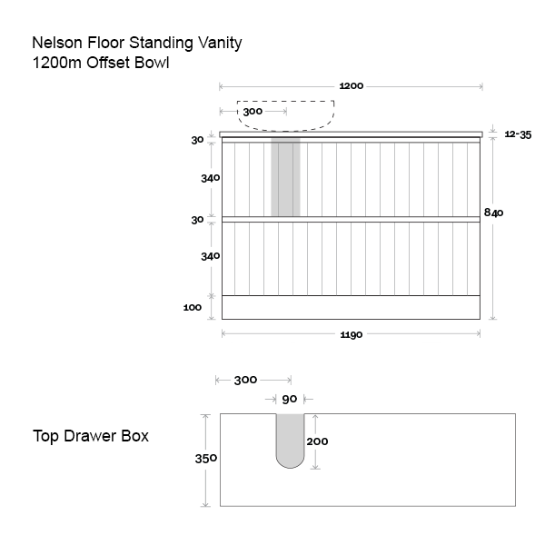 Marquis Nelson Floor Standing Vanity 1200mm Offset Bowl Technical Drawing - The Blue Space