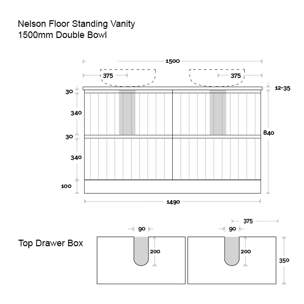 Marquis Nelson Floor Standing Vanity 1500mm Double Bowl Technical Drawing - The Blue Space