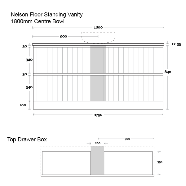 Marquis Nelson Floor Standing Vanity 1800mm Centre Bowl Technical Drawing - The Blue Space