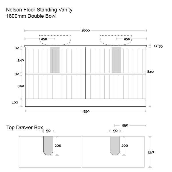 Marquis Nelson Floor Standing Vanity 1800mm Double Bowl Technical Drawing - The Blue Space