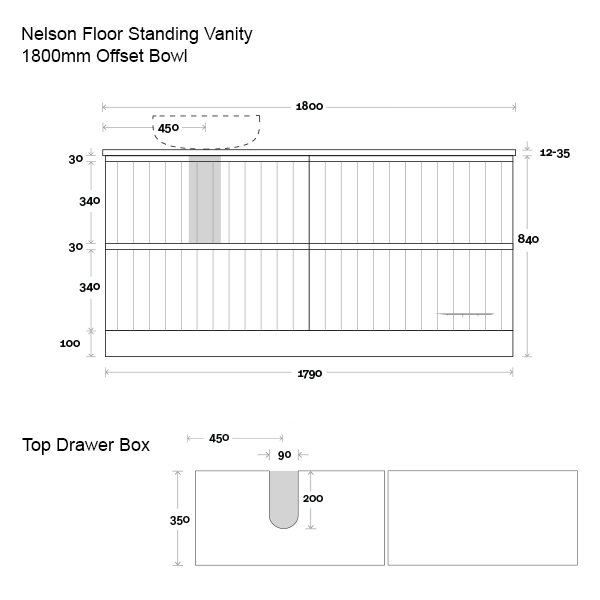 Marquis Nelson Floor Standing Vanity 1800mm Offset Bowl Technical Drawing - The Blue Space