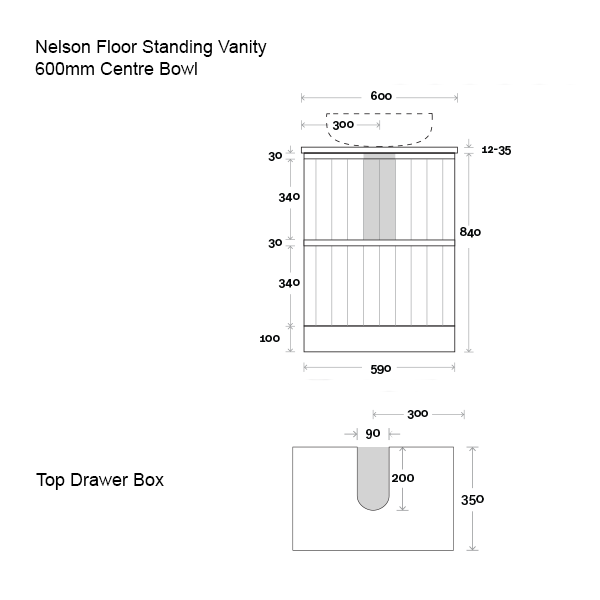 Marquis Nelson Floor Standing Vanity 600mm Centre Bowl Technical Drawing - The Blue Space