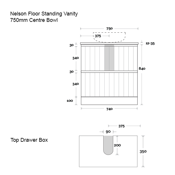 Marquis Nelson Floor Standing Vanity 750mm Centre Bowl Technical Drawing - The Blue Space