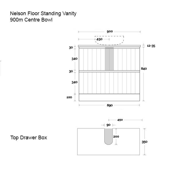 Marquis Nelson Floor Standing Vanity 900mm Centre Bowl Technical Drawing - The Blue Space