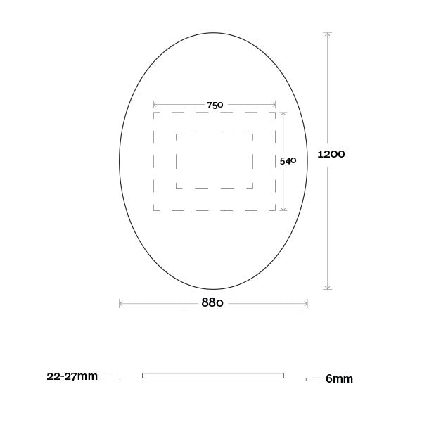 Marquis Oval Mirror 880mm Technical Drawing - The Blue Space