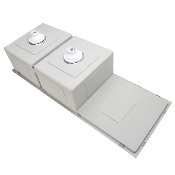 Meir Double Bowl with Drainer Kitchen Sink 1160mm - Brushed Nickel bottom view | The Blue Space