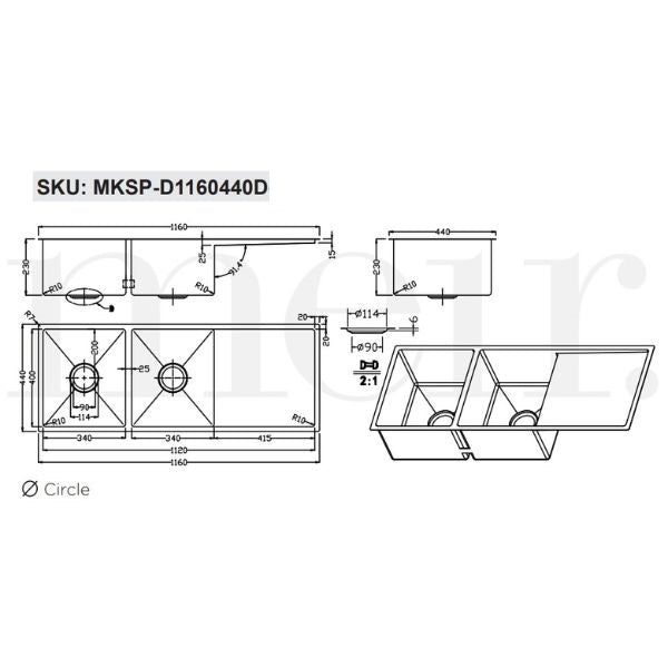 Technical Drawing: Meir Double Bowl with Drainer Kitchen Sink 1160mm MSKP-D1160440D