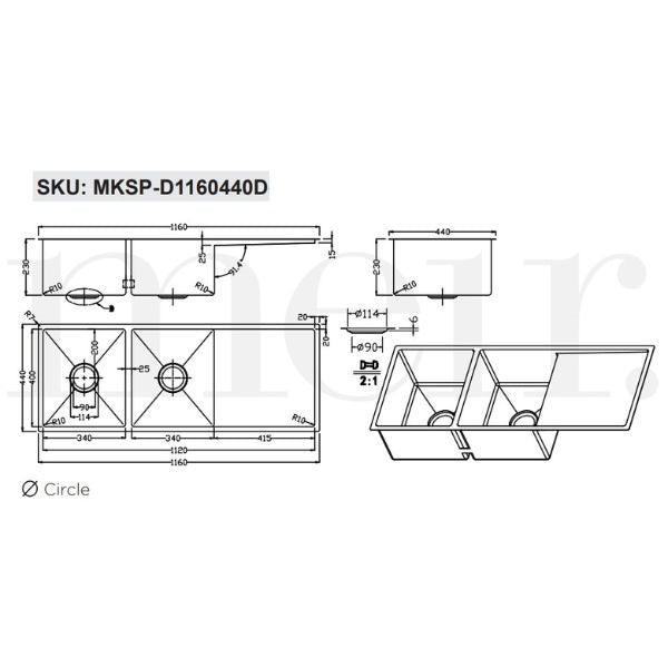 Meir Double Bowl with Drainer Kitchen Sink 1160mm - Brushed Nickel