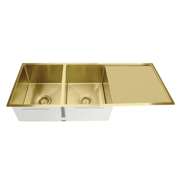 Meir Kitchen Sink Double Bowl 1160x440 Brushed Bronze Gold top angel view | The Blue Space