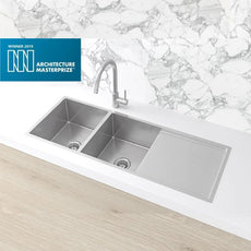 Meir Kitchen Sink Double Bowl 1160x440 Brushed Nickel features Brushed Nickel Sink mixer | The Blue Space