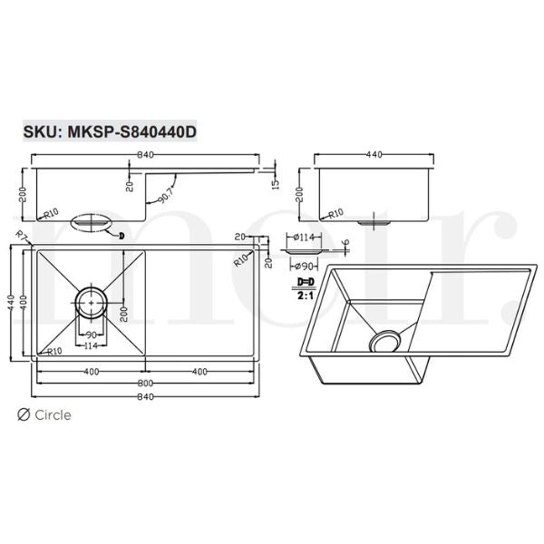 Technical Drawing: Meir Single Bowl with Drainer Kitchen Sink 840mm