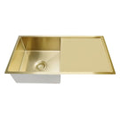 Meir Kitchen Sink Single Bowl with Drainer 840x440 Brushed Bronze Gold top angel view | The Blue Space