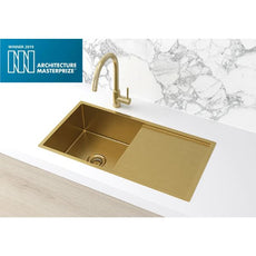 Meir Kitchen Sink Single Bowl with Drainer 840x440 Brushed Bronze Gold features Brushed Gold Sink mixer | The Blue Space